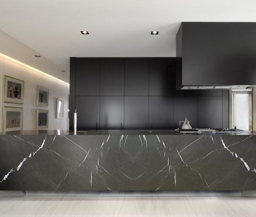 Close up of Armani Grey Marble slab with intricate veining and natural patterns