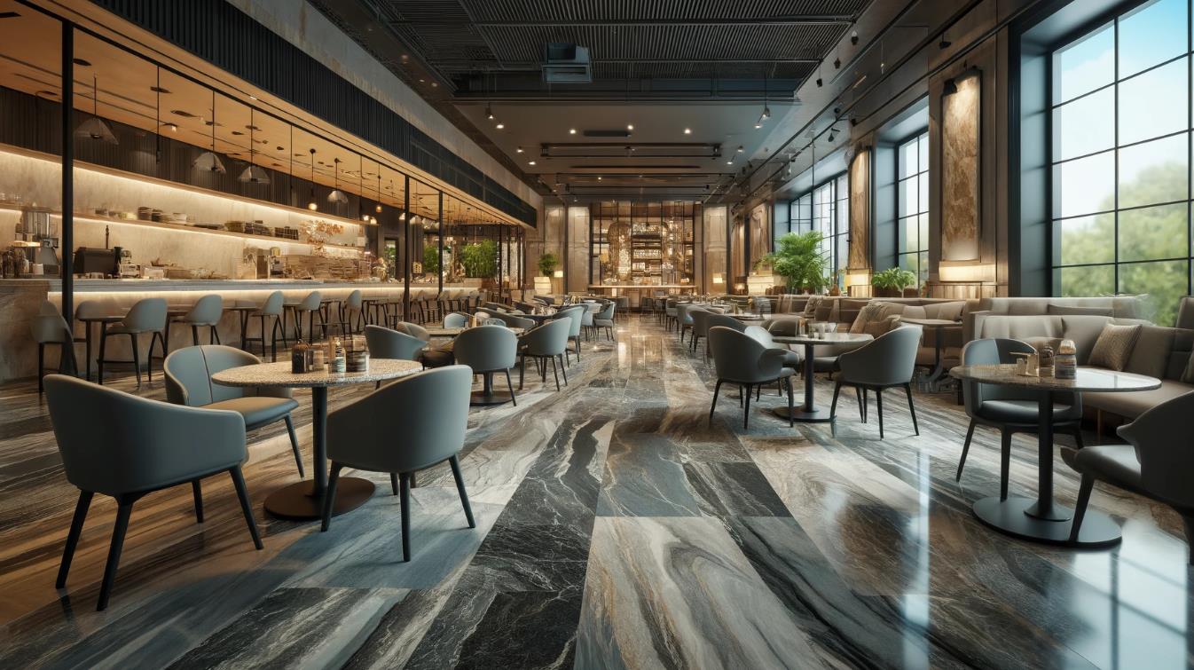 Interior of a modern cafeteria with granite countertops and tables, chairs, and food stations.