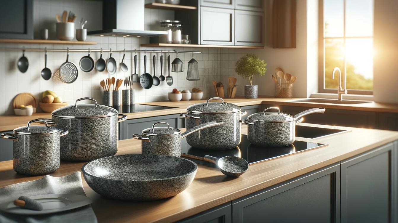 A set of granite cookware pots and pans, safe for cooking and food preparation.