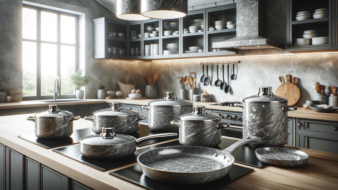 A set of granite cookware including pots and pans with a non-stick granite coating.