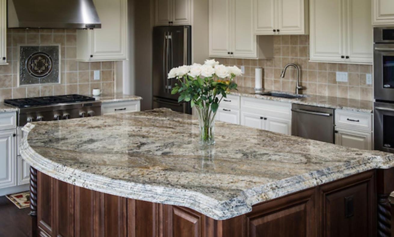 A polished granite countertop in a modern kitchen