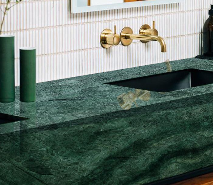 Close up of green marble with intricate veining and patterns