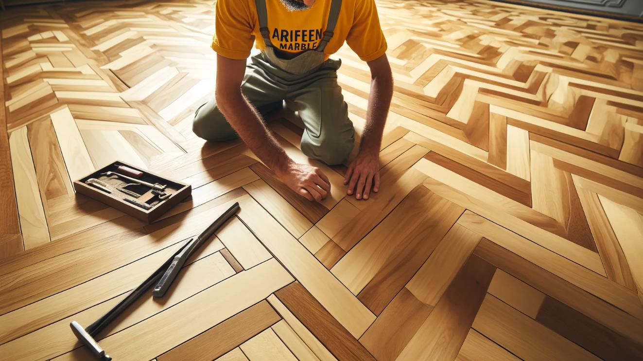Herringbone parquet flooring pattern in a room with natural light