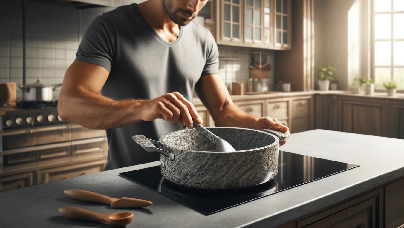 Granite cookware set on a kitchen counter