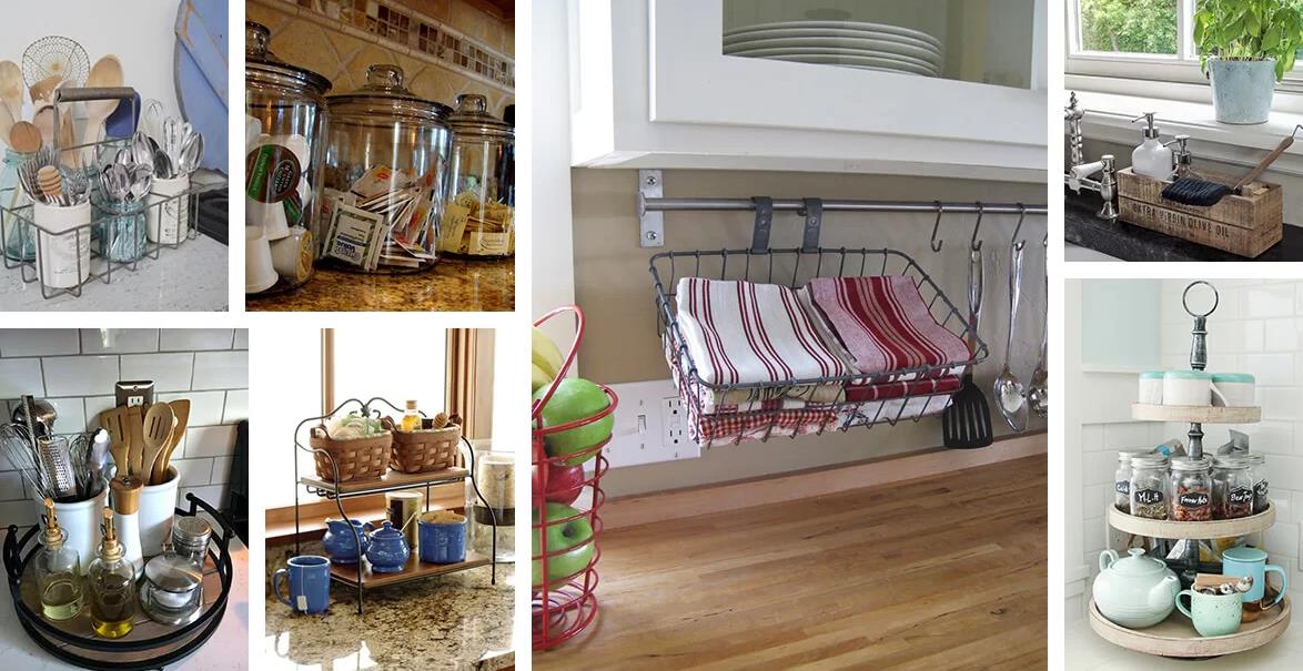 A kitchen countertop organizer with compartments for storing utensils and kitchen tools