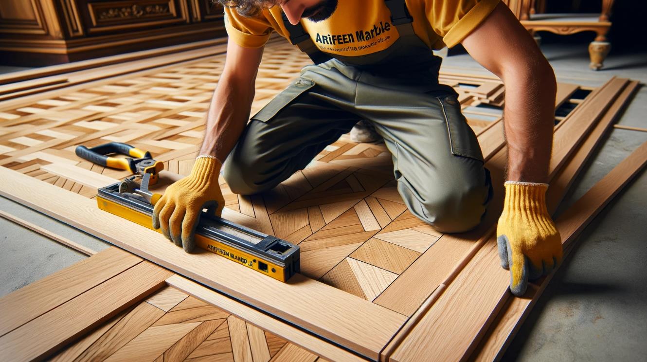 Oak parquet flooring with a geometric pattern