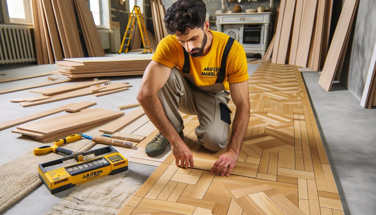 Parquet flooring being installed in a room with a pattern of wooden tiles