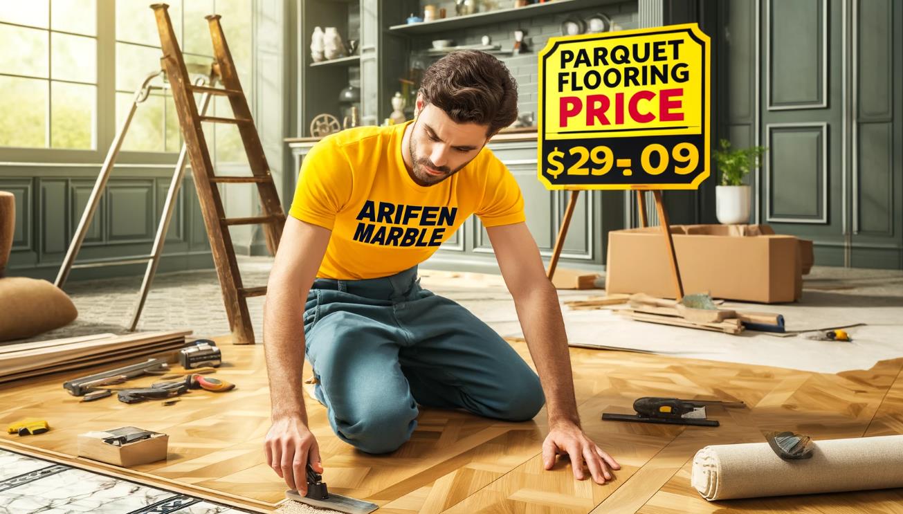 Parquet flooring price tag showing various options and costs