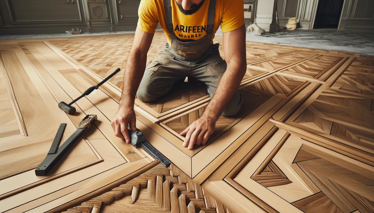 Close-up of a parquet flooring pattern in a room