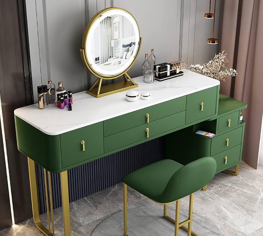 A white vanity desk with a mirror and drawers, perfect for getting ready in the morning.