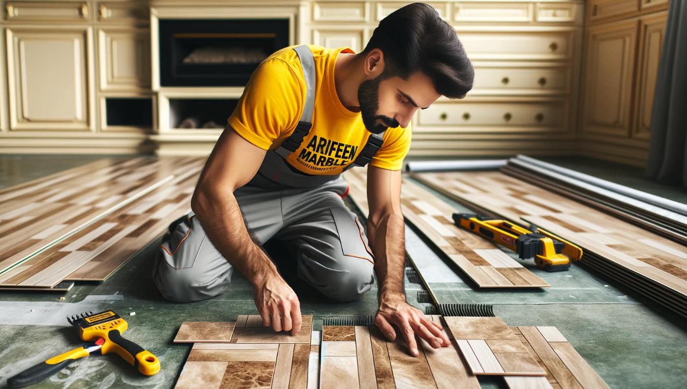 Vinyl parquet flooring in a modern living room setting