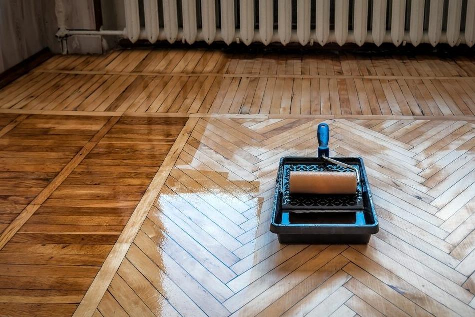 Wood parquet flooring with intricate geometric pattern