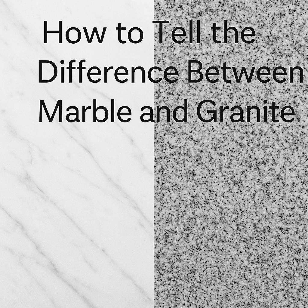 Side-by-side comparison of marble and granite surfaces showing texture and color differences with Arifeen Marble branding