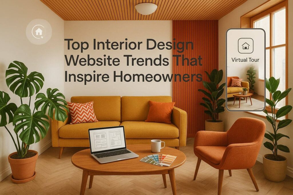 Modern bright interior with plants, wood textures, accent ceiling, retro colors, and subtle digital overlays like virtual tour icons, mobile mockups, and designer tools, with text ‘Top Interior Design Website Trends That Inspire Homeowners’.