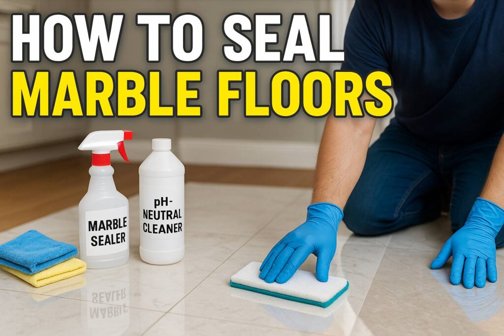 How to seal marble floors – person applying sealer with microfiber pad on marble surface