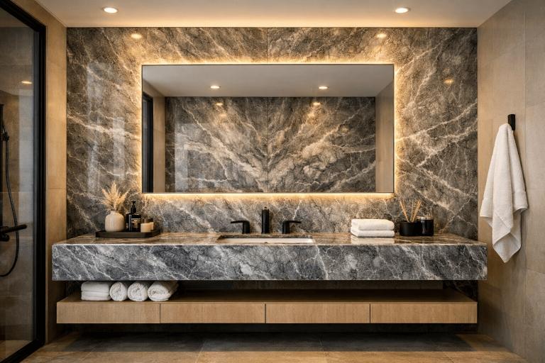 Bathroom vanity top in Ocean Grey marble with refined grey-and-white veining and a clean, polished look.