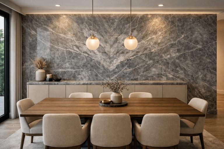 Ocean Grey marble feature wall behind the dining area, with flowing grey patterns and statement-worthy veining.