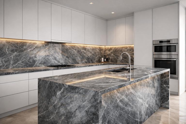 Ocean Grey marble surfaces in a modern kitchen with soft grey-and-white veining and clean cabinetry.