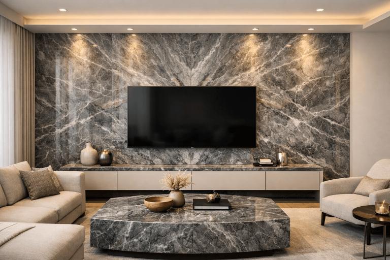 Living room feature wall in Ocean Grey marble, creating a bold focal point with soft grey movement and veining.