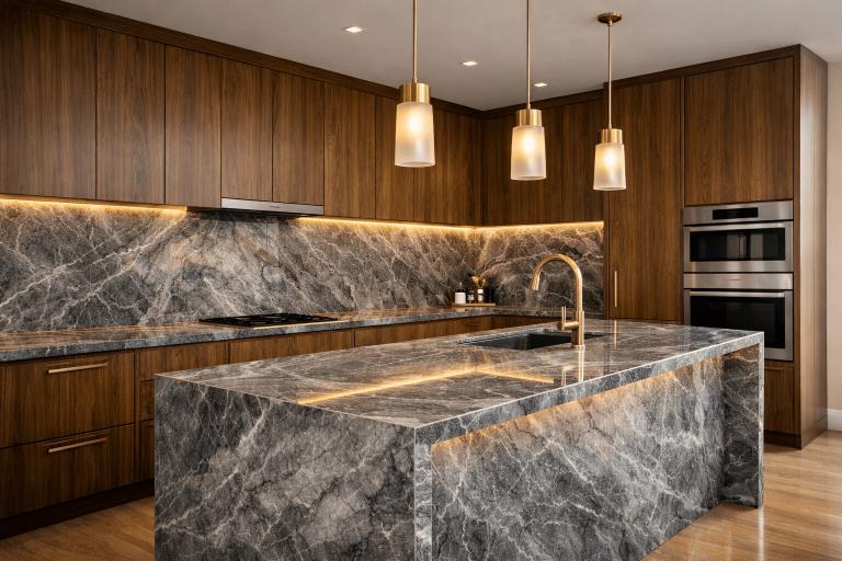 Close-up of Ocean Grey marble installation in the kitchen, highlighting tight seams and natural grey veining.