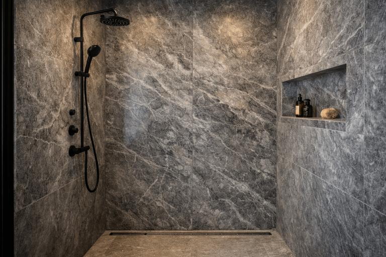 Shower walls clad in Ocean Grey marble, with natural veining creating a spa-like, seamless stone surround.