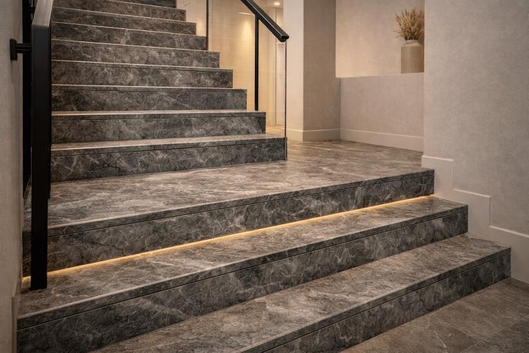 Staircase finished with Ocean Grey marble, showing consistent veining across steps for a seamless, upscale look.
